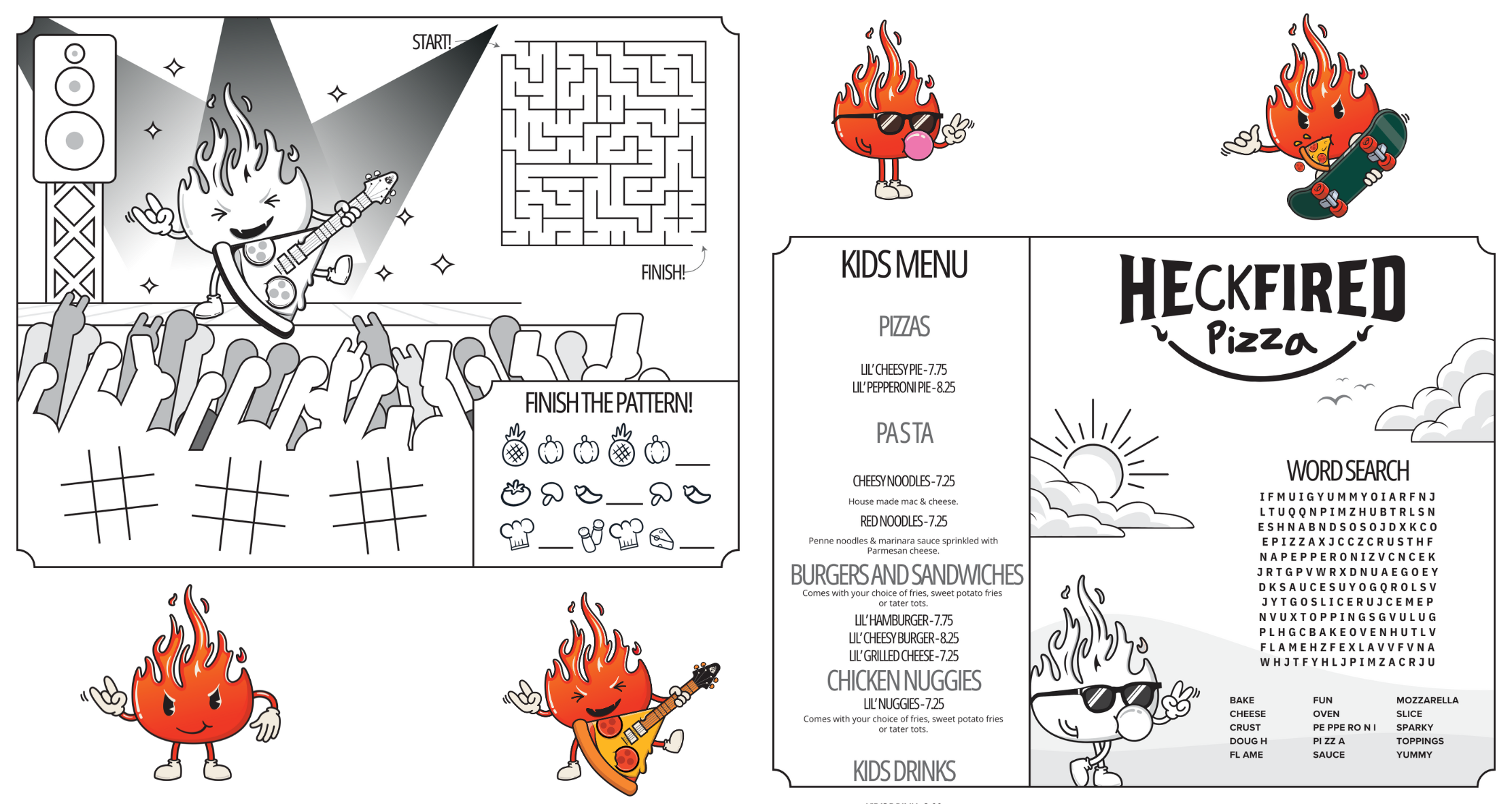 Photo of "Heckfired Pizza" kids' menu and color photos of stickers