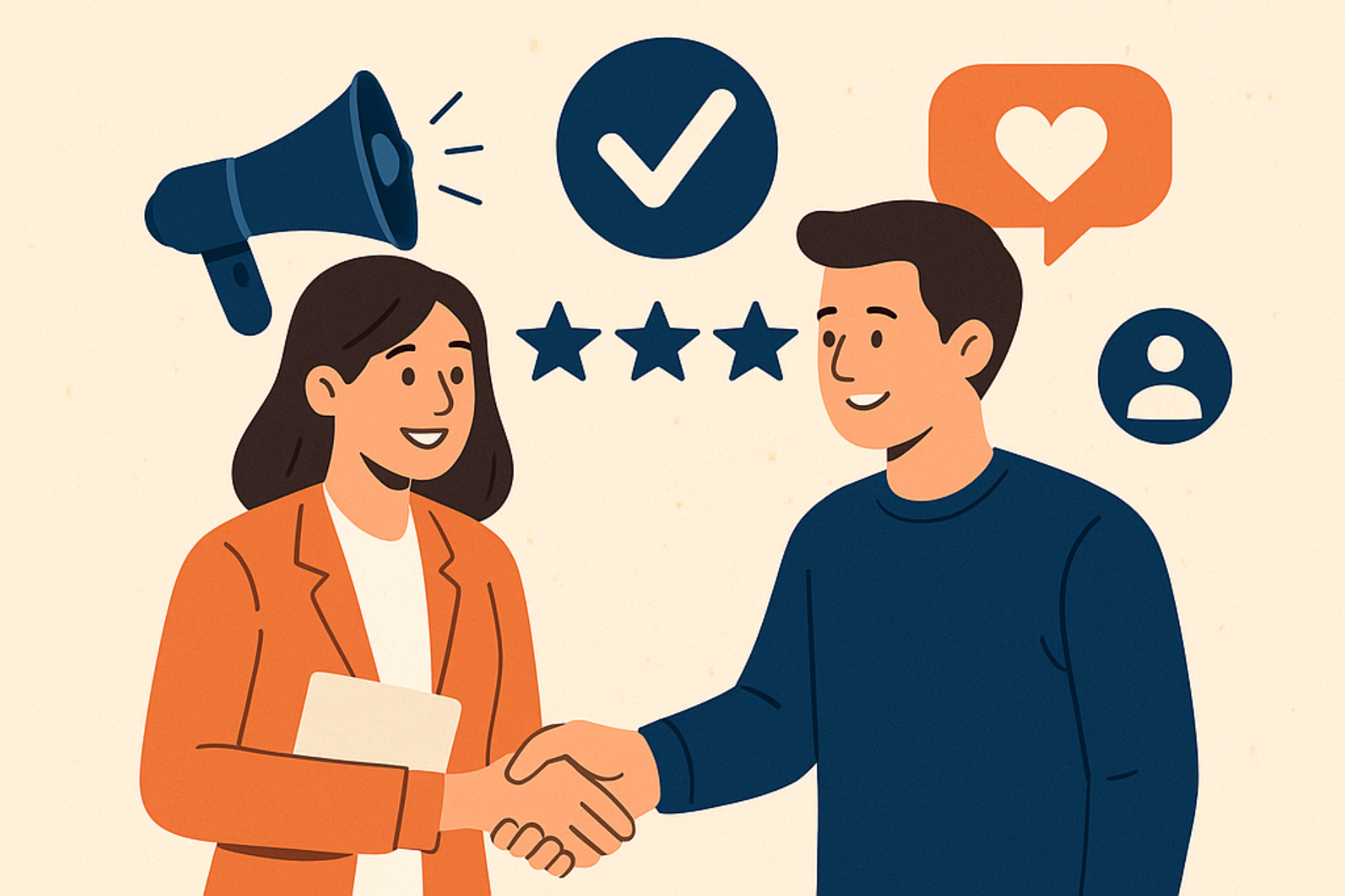 Illustration of 2 people shaking hands and marketing symbols behind them.